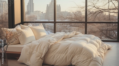 Bed with a lovely airy beige blanket, with copy space on a blank wall