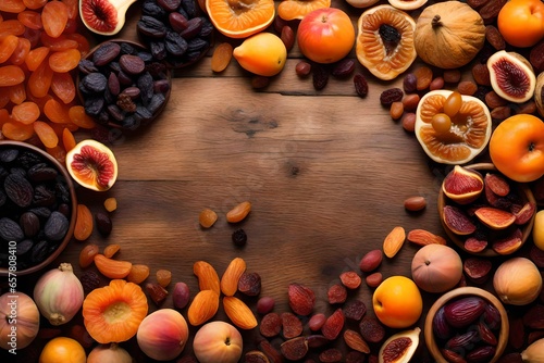 colorful assortment of dried fruits, including apricots, figs, and raisins.