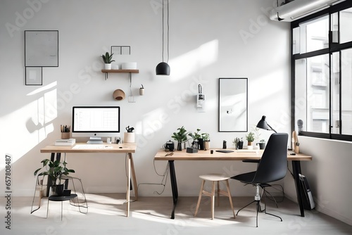 a minimalist workspace with a sleek desk, computer, and office supplies.