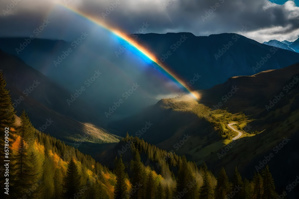  realistic image of a rainbow arching over a mountain valley.