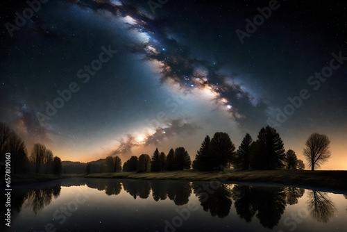  Milky Way galaxy over a peaceful countryside.