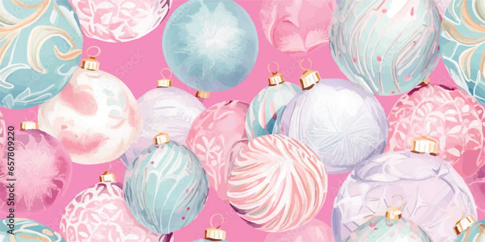 Pastel Pink blue Christmas bauble seamless pattern. Cute flat Xmas tree balls with tiny sparkles. Perfect retro print for fabric, wrapping paper or cover - obrazy, fototapety, plakaty 