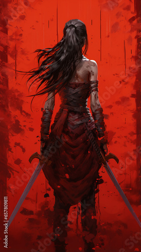 Anime Female Warrior in Back Pose on a Bloody Red Background © Arqumaulakh50