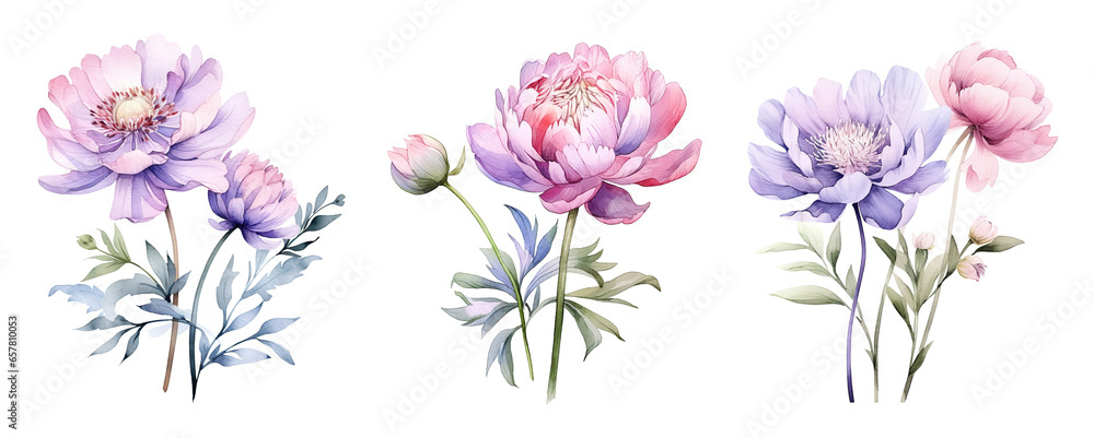 watercolor flowers, a set of illustrations in handmade watercolor style on a white background, generative ai