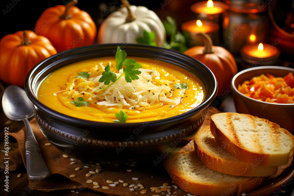 A plate of healthy and delicious pumpkin soup and hot croutons A plate of healthy and delicious pumpkin soup and hot croutons