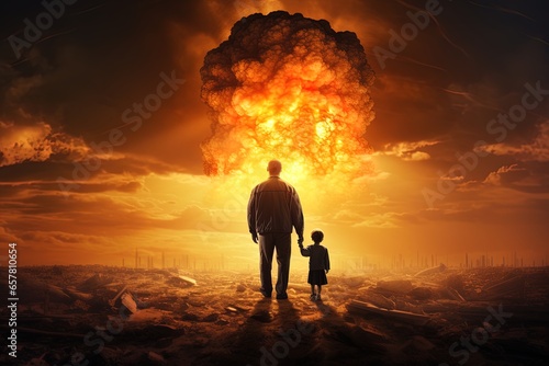 A father and his son witnessing the devastation caused by climate change, war, and a nuclear explosion. Concept: The sad legacy we leave for our children photo