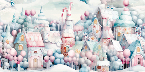 Pastel candy land Christmas village, pastel candies. Beautiful fairy tale gingerbread house with candy fir trees and candy canes, winter scene