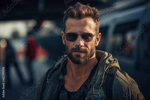 Military pilot, portrait of an air force man in sunglasses at a military base outdoors photo
