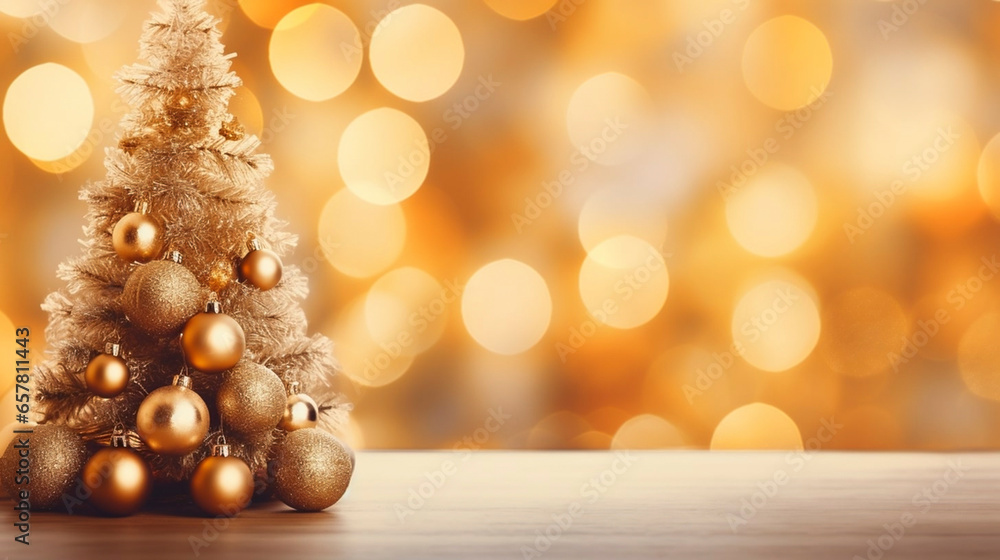 Christmas Tree With gold Baubles close-up against backdrop of golden sparkling Christmas lights. Wide format banner. Background with atmosphere of celebration and magic. Background for Christmas postc