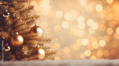 Christmas Tree With gold Baubles close-up against backdrop of golden sparkling Christmas lights. Wide format banner. Background with atmosphere of celebration and magic. Background for Christmas postc photo