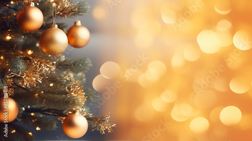 Christmas Tree With gold Baubles close-up against backdrop of golden sparkling Christmas lights. Wide format banner. Background with atmosphere of celebration and magic. Background for Christmas postc photo