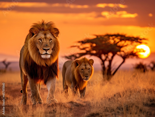 Close up portrait of male lions on the savannah at sunset