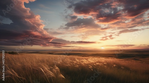 A Photograph of a serene sunset over a rolling countryside, painted in muted pastel tones, capturing the gentle sway of tall grass in the evening breeze. © AQ Arts