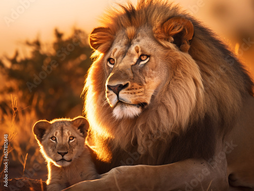 Close up portrait of male lion and cub at sunset © Feathering Flower
