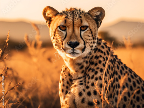 Close-up portrait of a cheetah in the tall grass at sunset photo