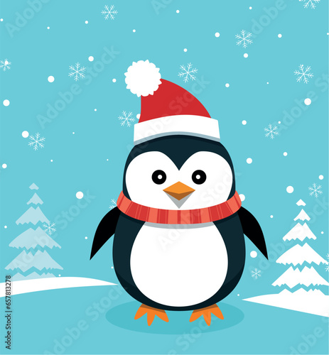 Cute Penguins wearing Santa Claus hat standing on sky blue background flat design vector illustration. © pvl0707
