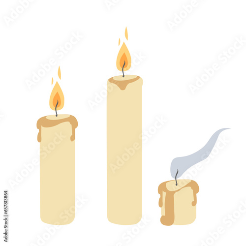 Wax candles set. Flame candle. Burning candles. Paraffin pillar candles. Home decorative candles. Vector illustration
