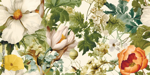 Vintage floral watercolor botanical Vector illustration of flowers, plants and leaves, for background, pattern or poster