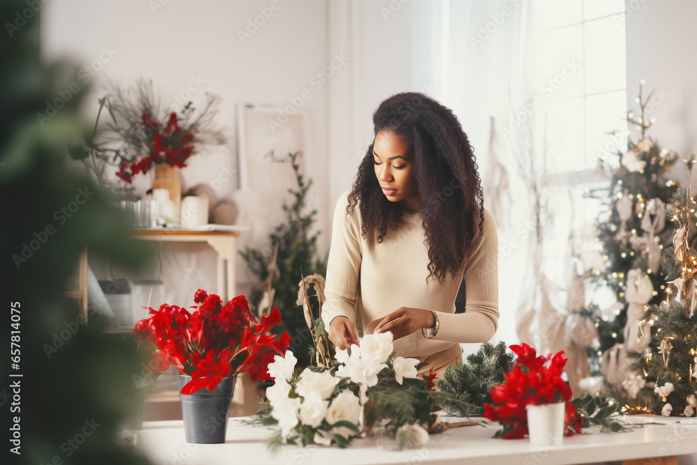 African American woman florist creating Christmas decor in flower shop. Small business