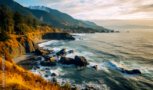 Stunning view of ocean coastline seascape with scenic coastal cliffs, pine trees and mountains landscape 