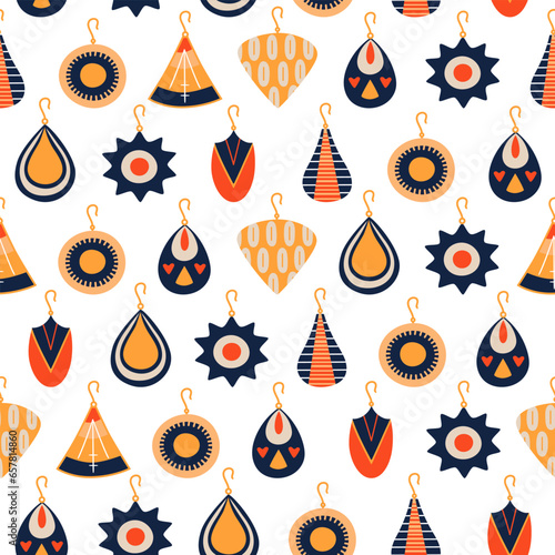 Seamless pattern with female vintage earrings. Background with boho style accessories. Vector illustration
