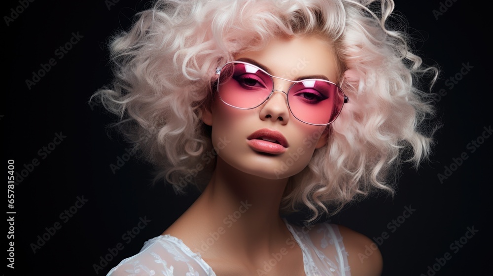 Studio portrait of a beautiful woman with a beautiful hairstyle wearing pink glasses, close-up on a dark background Studio portrait of a beautiful woman with a beautiful hairstyle wearing pink glasses, close-up on a dark background