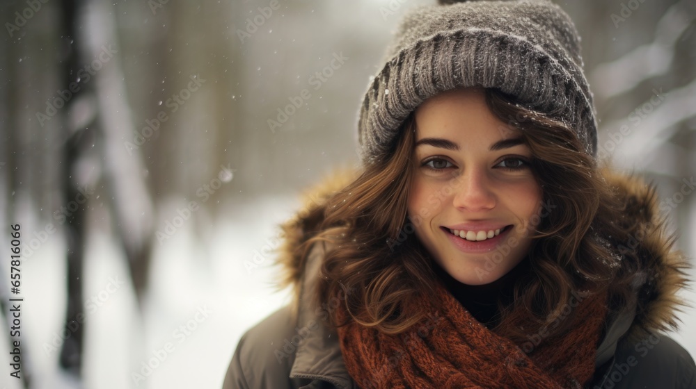 Close-up portrait of a beautiful young woman in a winter forest wearing warm clothes. Personification of winter Close-up portrait of a beautiful young woman in a winter forest wearing warm clothes. Personification of winter