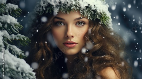 Close-up portrait of a beautiful young woman in a winter forest wearing warm clothes. Personification of winter