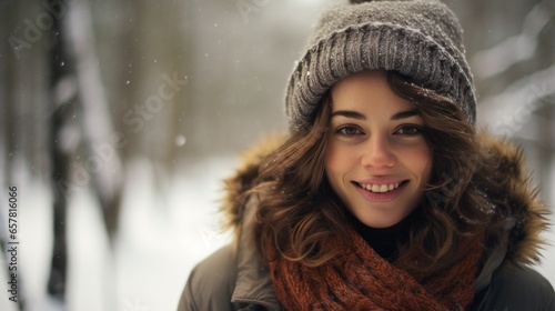Close-up portrait of a beautiful young woman in a winter forest wearing warm clothes. Personification of winter