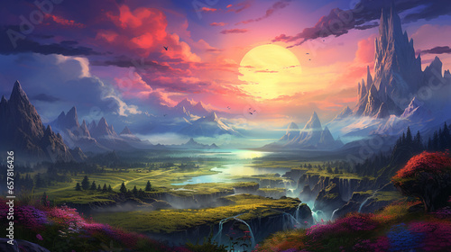 A Journey Through Nature  A Vibrant Colorful  Panoramic Painting of a Majestic Mountainous Landscape with a River  Wallpaper 