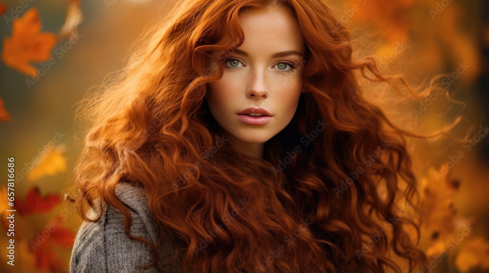 Portrait of a beautiful red-haired young woman in the autumn forest. Personification of autumn