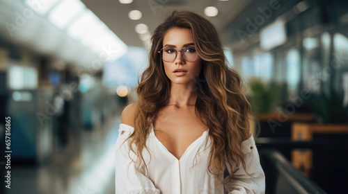Portrait of a beautiful woman with long wavy hair in a white dress and glasses.