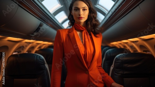 Portrait of a beautiful woman flight attendant on an airplane