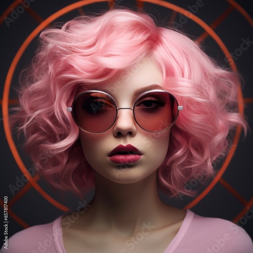 Studio portrait of a beautiful woman with a beautiful hairstyle wearing pink glasses  close-up on a dark background