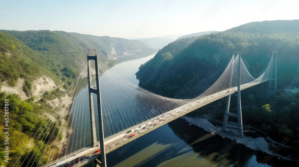 Vibrant suspension bridge with modern architecture, towering structure, and breathtaking bird's-eye view. Captured by a DJI Phantom 4 Pro drone camera, showcasing the impressive design, innovation, a