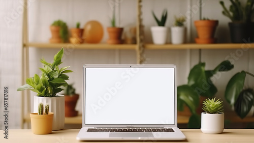 Laptop computer mockup blank white screen on desk. business website concept.