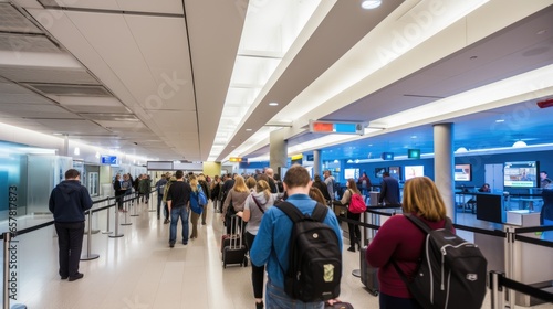 Diverse group of passengers patiently waiting in line at airport security. Candid shot captures individuals undergoing security screening process with overhead lights providing clear visibility to be © Aidas