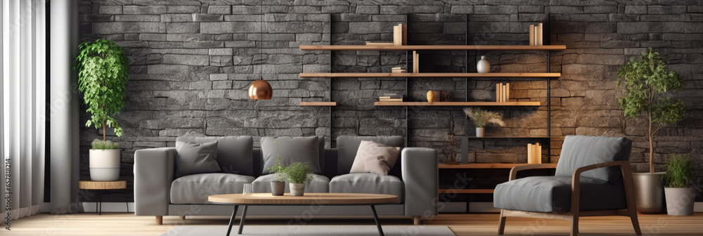 Room with a decorative background grey stone wall wooden decor and a brown parquet floor. - obrazy, fototapety, plakaty 