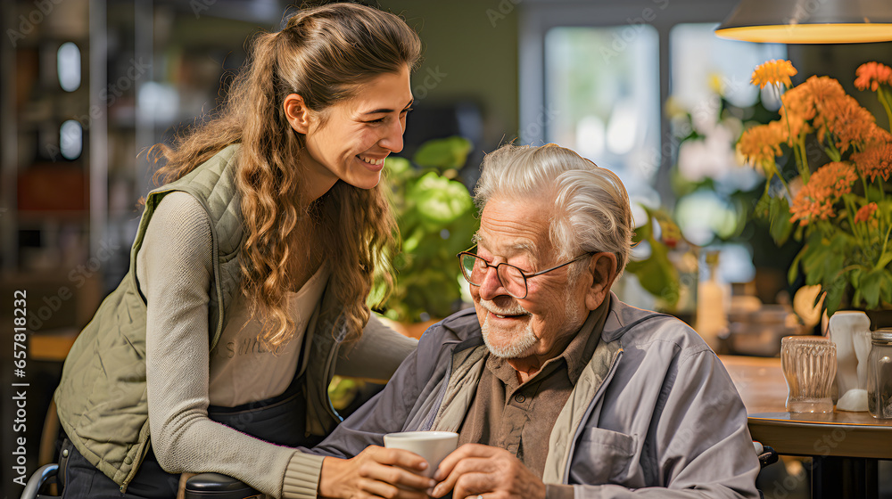 Caregiver giving a glass of water to an elderly man in a wheelchair. Geriatric assistant assisting an elderly person. Generative ai. Caregiver giving a glass of water to an elderly man in a wheelchair. Geriatric assistant assisting an elderly person. Generative ai.