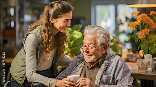 Caregiver giving a glass of water to an elderly man in a wheelchair. Geriatric assistant assisting an elderly person. Generative ai.