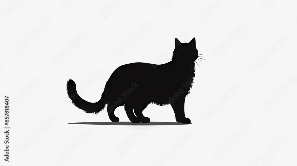  a black cat standing on top of a white floor next to a white wall.  generative ai