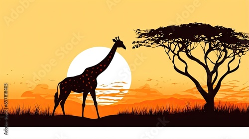  a giraffe standing in front of a tree at sunset.  generative ai