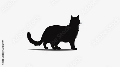  a black cat standing on top of a white floor next to a white wall. generative ai
