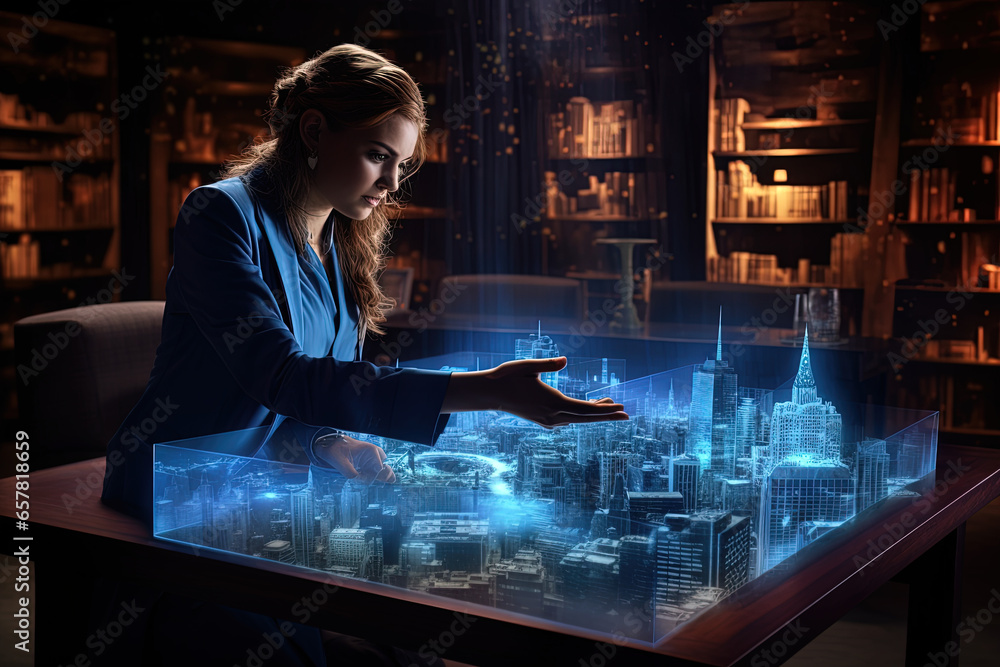 A female architect designs a city using a 3D holographic representation of her project in her office. Concept: The future of design in architecture.