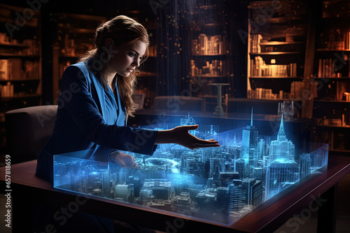 A female architect designs a city using a 3D holographic representation of her project in her office. Concept: The future of design in architecture.