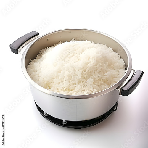 White rice in a rice cooker isolated with a white background. Generative ai.  photo