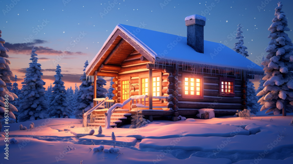 this small log cabin is snow covered at twilight blue sky