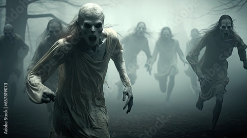 A mob of creepy zombies is attacking. Zombie apocalypse scene.