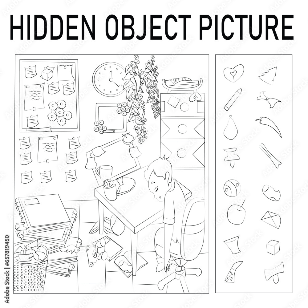 Hidden object picture study room black and white illustrations with background Hidden object picture study room black and white illustrations with background