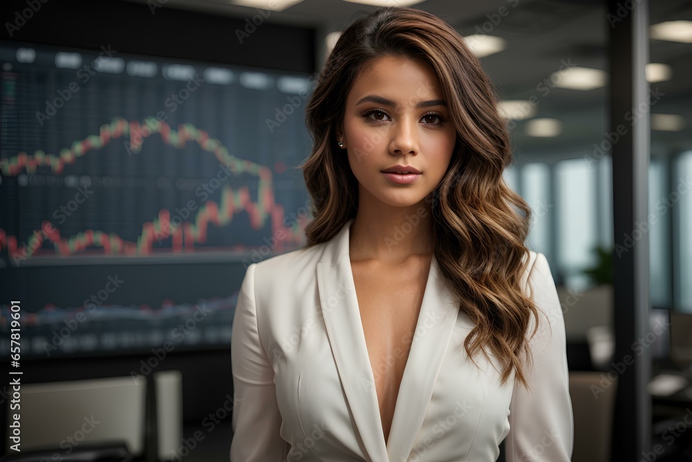 Obraz premium Portrait of businesswoman with glasses on background of electronic stock market analytics closeup